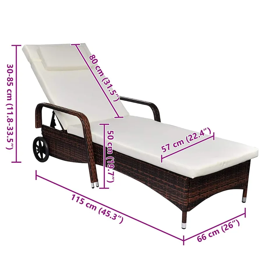 Chaise longue avec coussin et roues Résine tressée Noir - 33