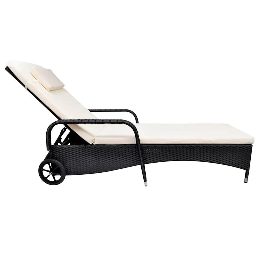 Chaise longue avec coussin et roues Résine tressée Noir - 8