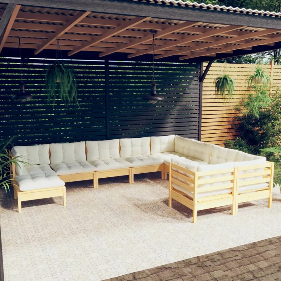 Salon de jardin 10 pcs avec coussins crème Bois de pin