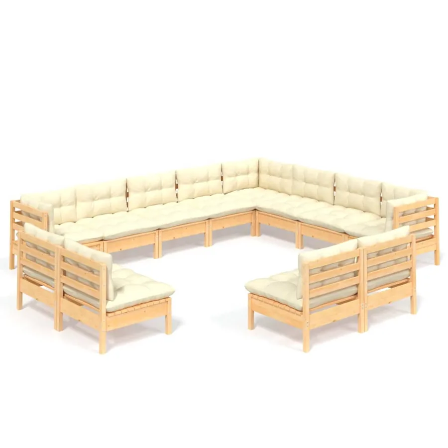 Salon de jardin 12 pcs avec coussins crème Bois de pin massif - 2