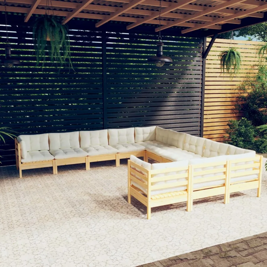 Salon de jardin 11 pcs avec coussins crème bois de pin