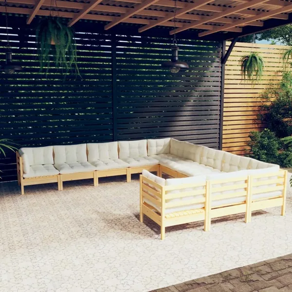 Salon de jardin 11 pcs avec coussins crème bois de pin