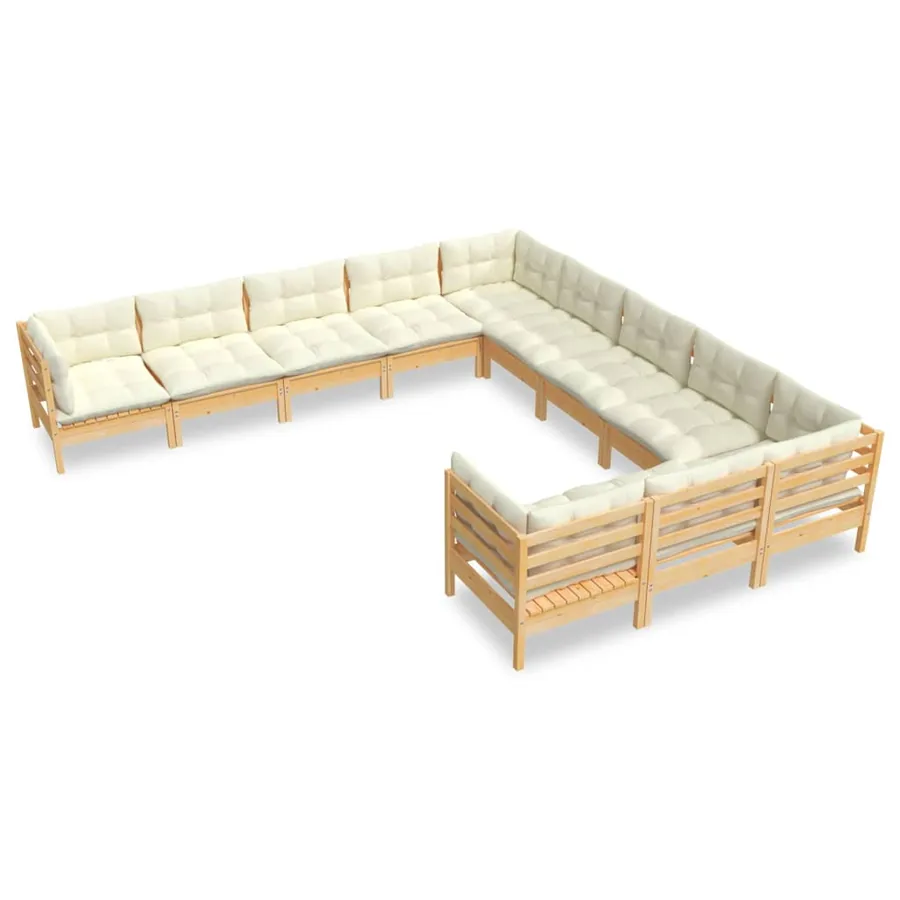 Salon de jardin 11 pcs avec coussins crème bois de pin - 2