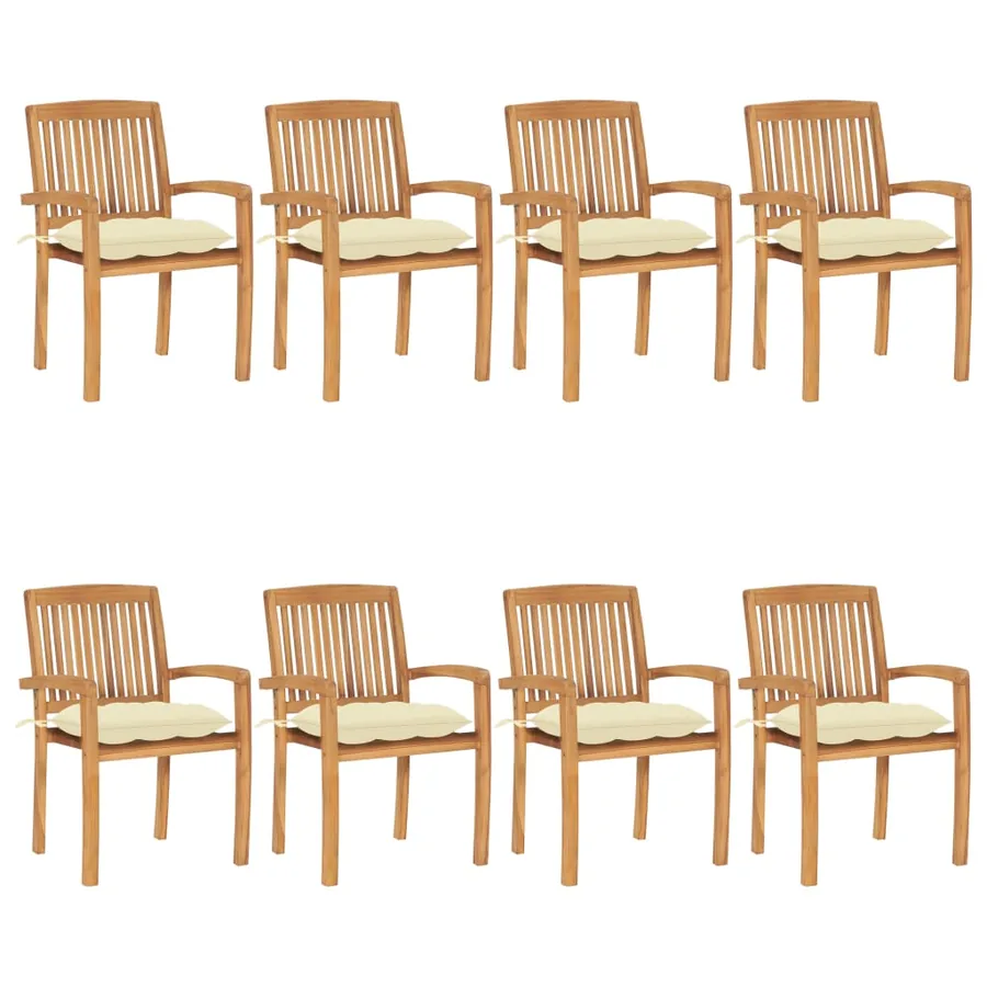 Chaises de jardin empilables avec coussins lot de 8 Teck solide