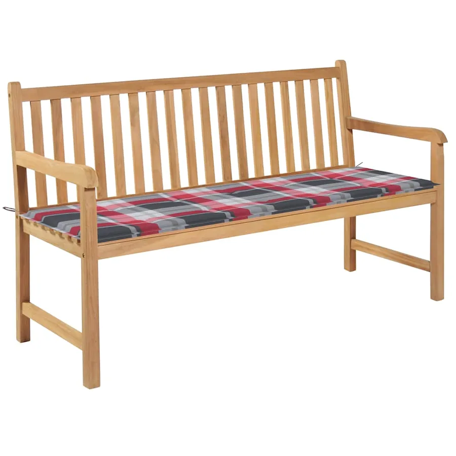 Banc de jardin avec coussin à carreaux rouge 150 cm Teck massif
