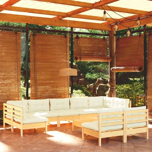 Salon de jardin 10 pcs avec coussins crème bois de pin massif