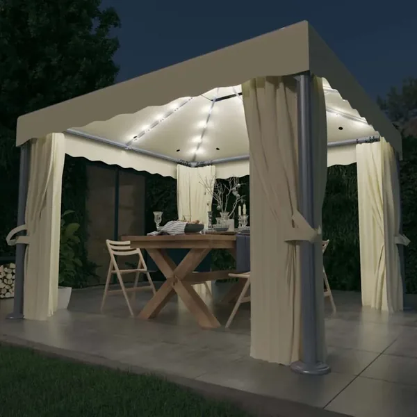 Tonnelle et rideau et guirlande lumineuse LED 3x3 m Blanc crème