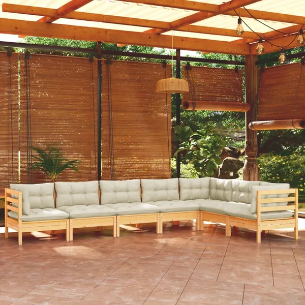 Salon de jardin 7 pcs avec coussins crème bois de pin massif