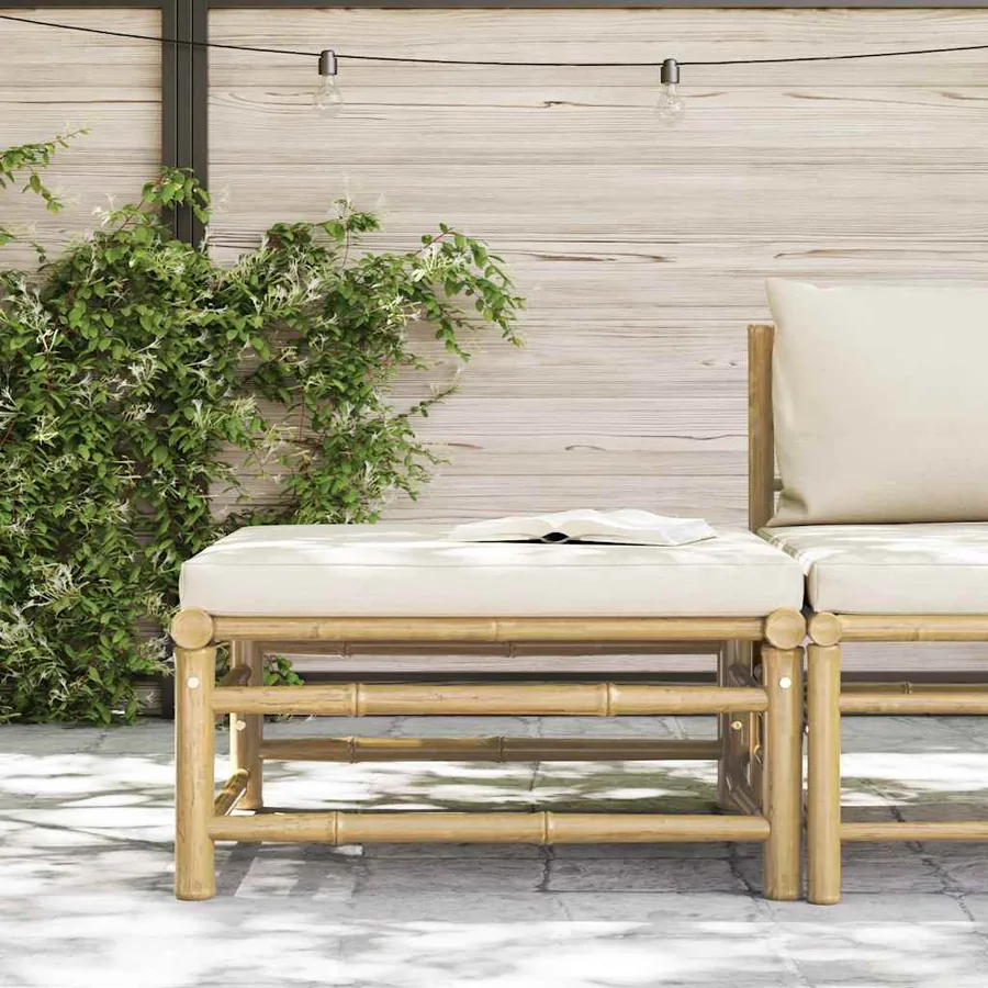 Repose-pied de jardin avec coussin blanc crème Bambou - 3