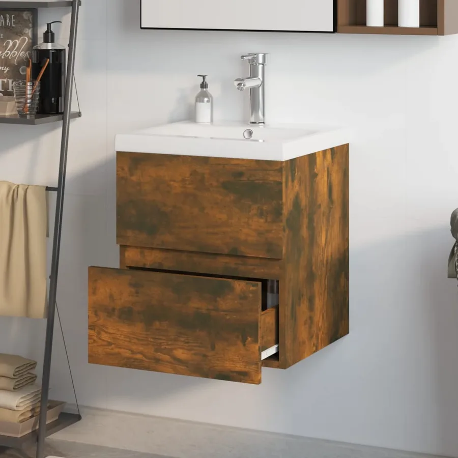Meuble lavabo avec bassin intégré Chêne fumé Bois d'ingénierie - 3