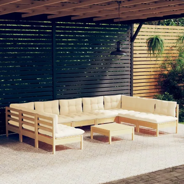 Salon de jardin 10 pcs avec coussins crème bois de pin massif