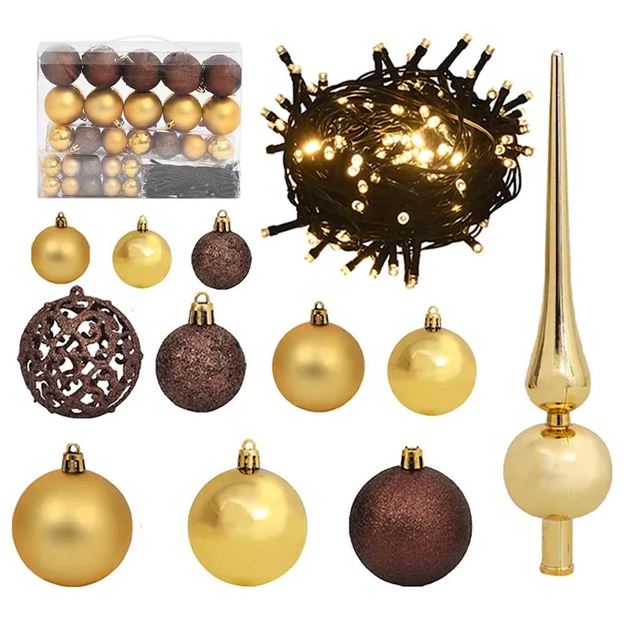 Set de boules de Noël avec pic et 150 LED 60 pcs Doré et bronze