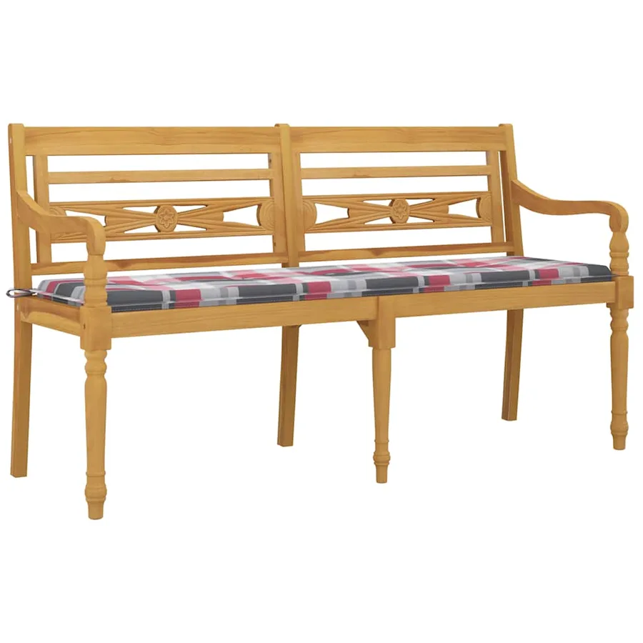 Banc Batavia coussin à motif de carreaux rouges 150cm Bois teck - 3