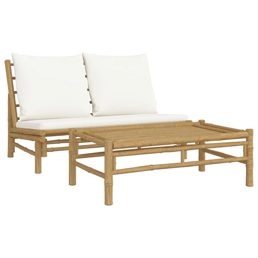 Salon de jardin 2 pcs avec coussins blanc crème bambou - 2