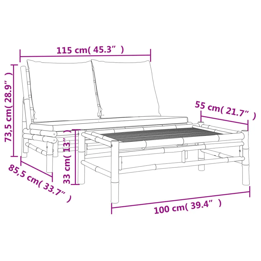 Salon de jardin 2 pcs avec coussins blanc crème bambou - 9