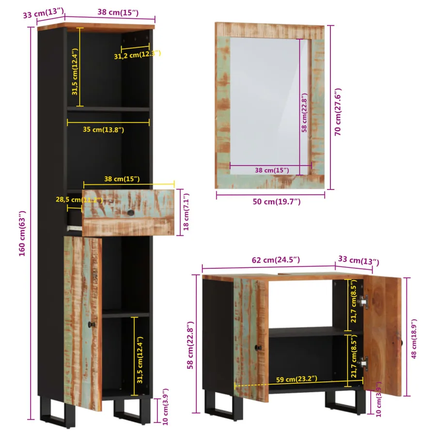 Ensemble de meubles de salle de bain 3 pcs bois massif récupéré - 12