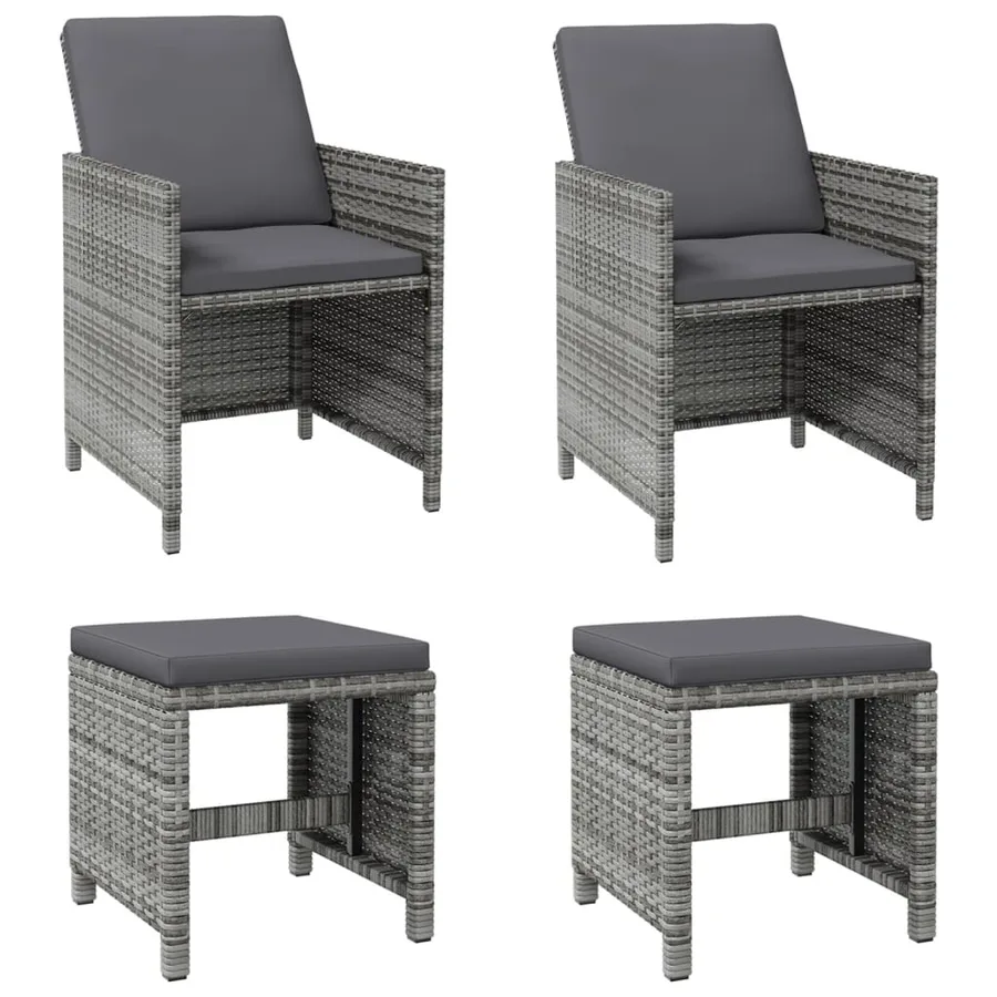 Jeu de chaise et tabouret de jardin 4 pcs Résine tressée Gris - 2