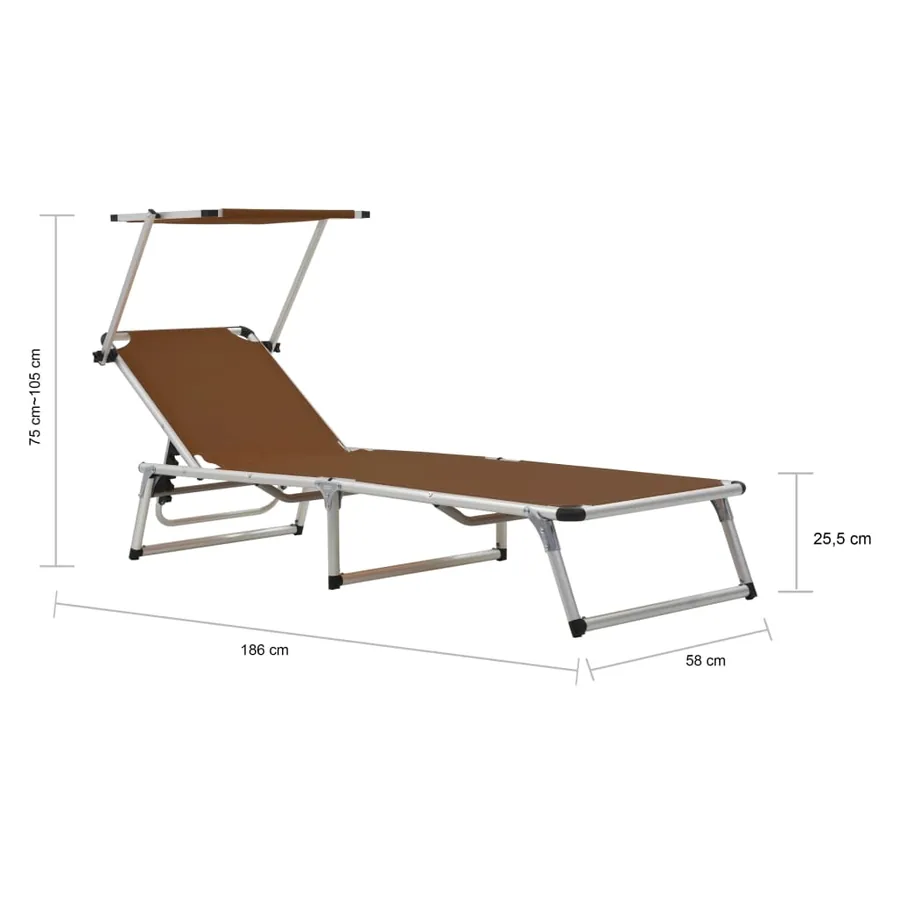 Chaise longue pliable avec auvent Aluminium et textilène Marron - 10