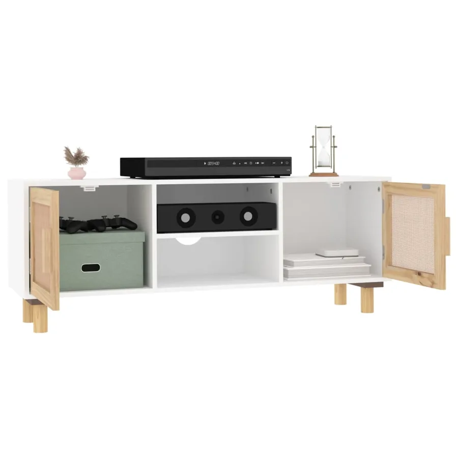 Meuble TV Blanc 105x30x40cm Bois de pin massif et rotin naturel - 3