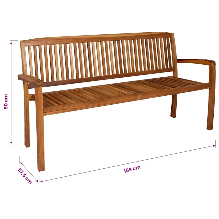 Banc 3 places empilable de jardin 159 cm Bois de teck solide - 6