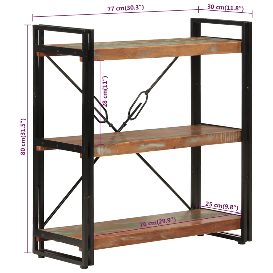 Bibliothèque 3 niveaux 77x30x80 cm bois récupération massif/fer - 6