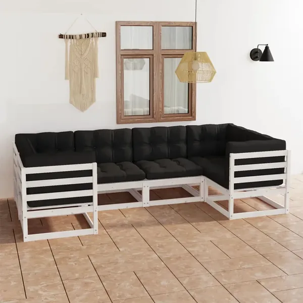 Salon de jardin avec coussins 6 pcs blanc bois de pin massif