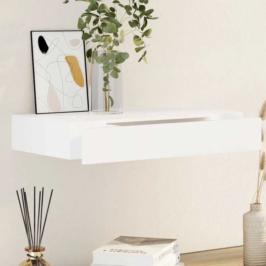 Étagère murale avec 1 tiroir MDF Blanc Rangement de livres/DVD