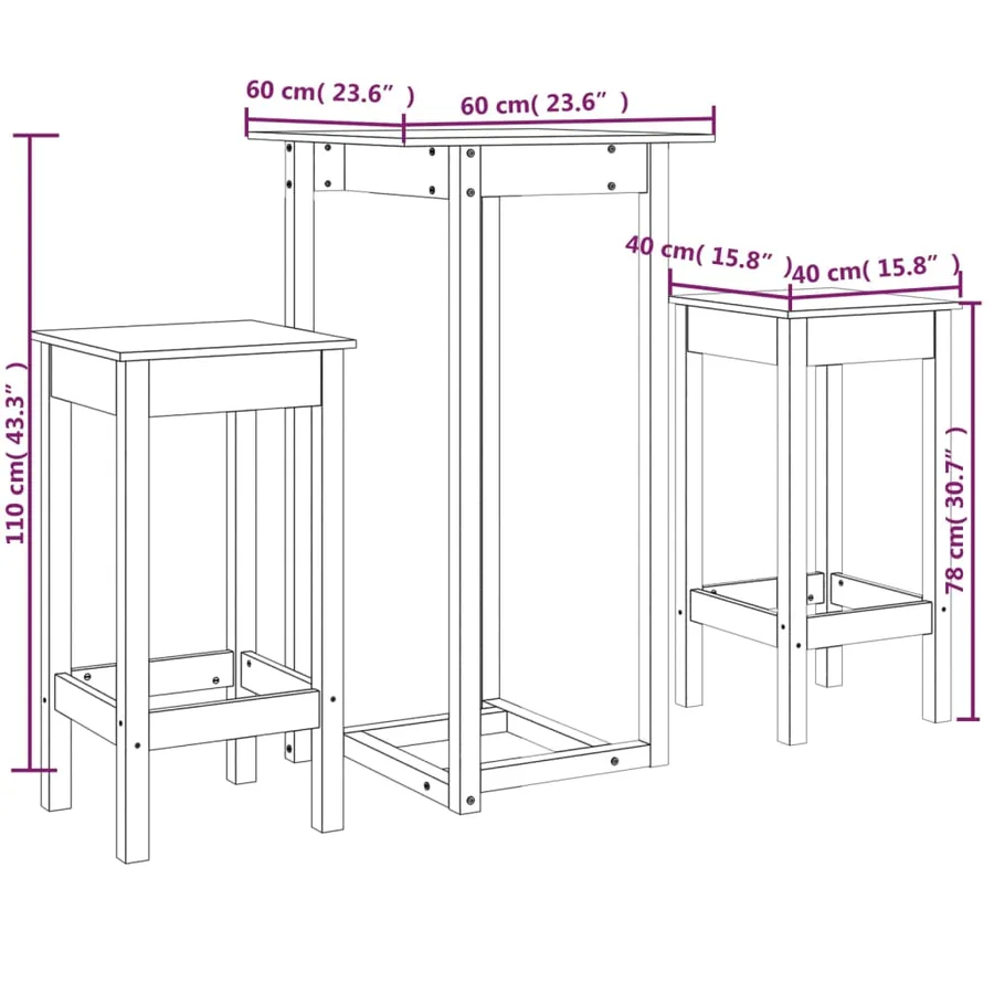 Ensemble de bar 3 pcs Bois de pin massif - 11