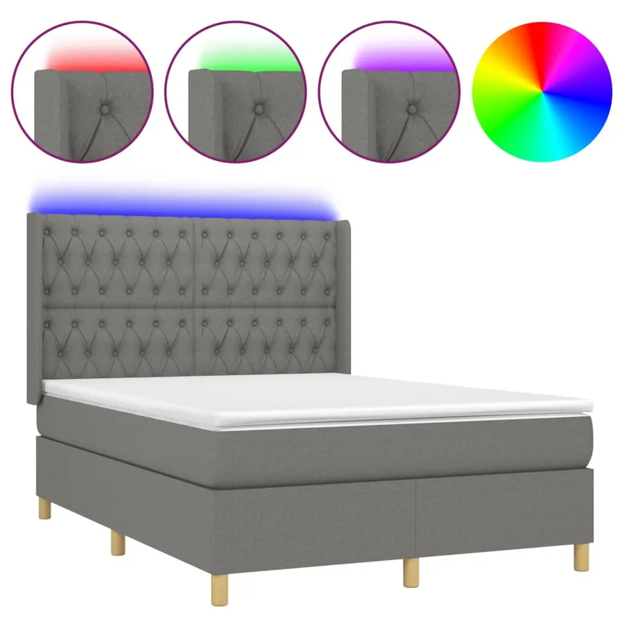 Sommier à lattes de lit matelas LED Gris foncé 140x190 cm Tissu - 2