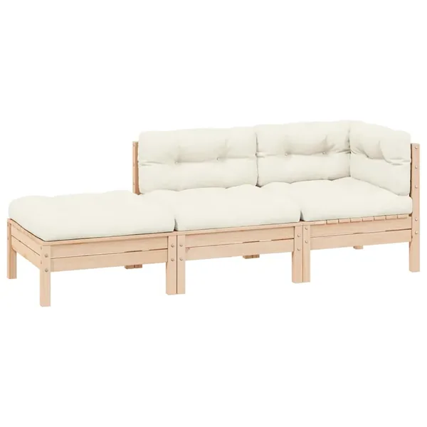 Salon de jardin 3 pcs avec coussins crème Bois de pin massif