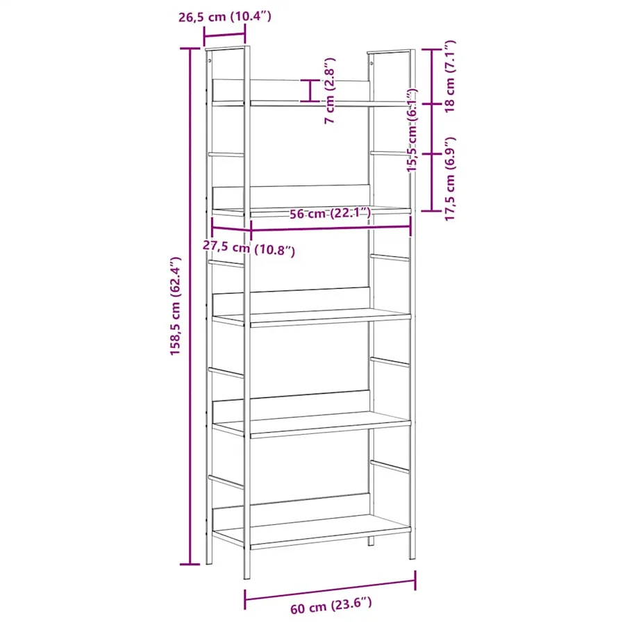 Bibliothèque à 5 niveaux noir 60x27,6x158,5cm bois d'ingénierie - 9