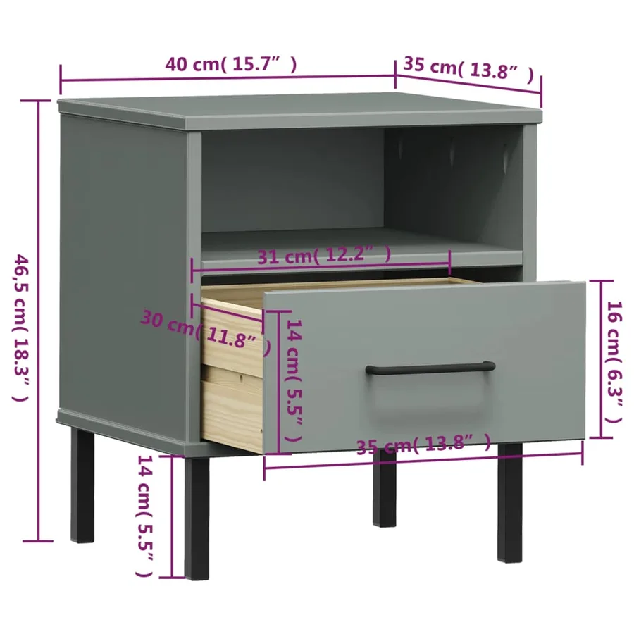 Table de chevet avec pieds en métal Gris Bois pin massif OSLO - 8