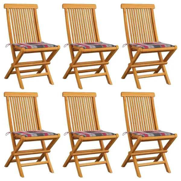 Chaises de jardin et coussins à carreaux rouge lot de 6 Teck