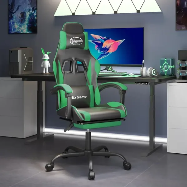 Chaise de jeu avec repose-pied Noir et vert Similicuir