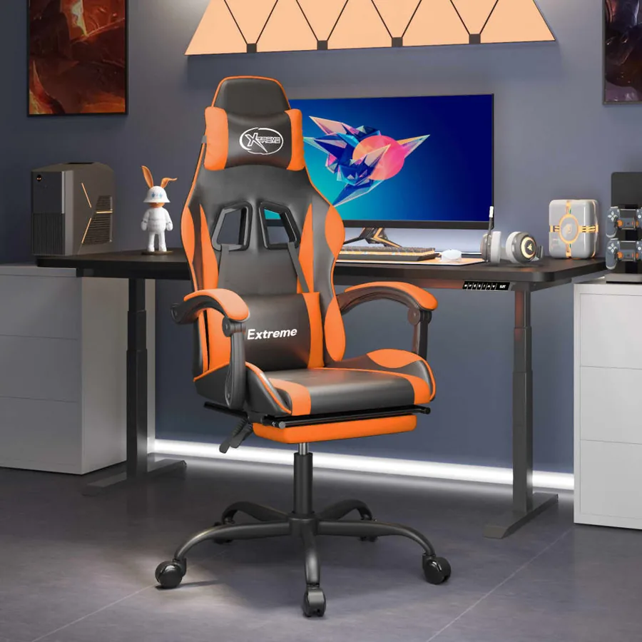 Chaise de jeu pivotante repose-pied Noir et orange Similicuir