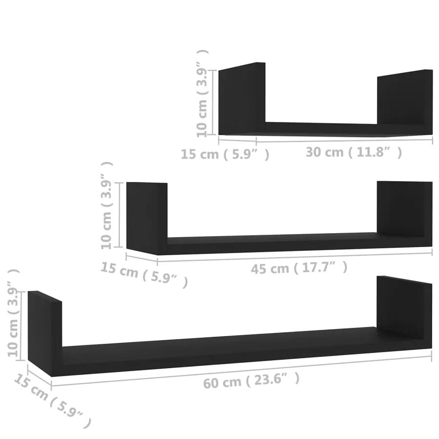 Étagères murales 3 pcs Noir Bois d'ingénierie - 6
