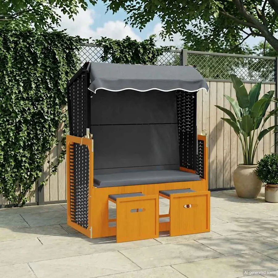 Strandkorb avec auvent résine tressée et bois solide anthracite