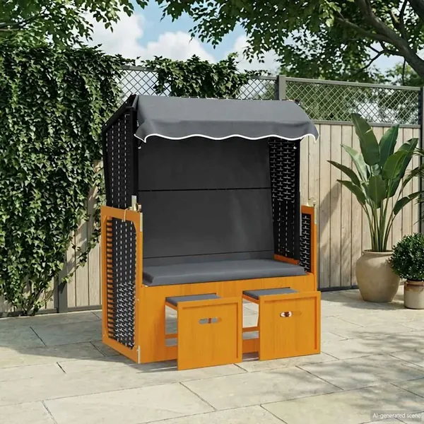 Strandkorb avec auvent résine tressée et bois solide anthracite