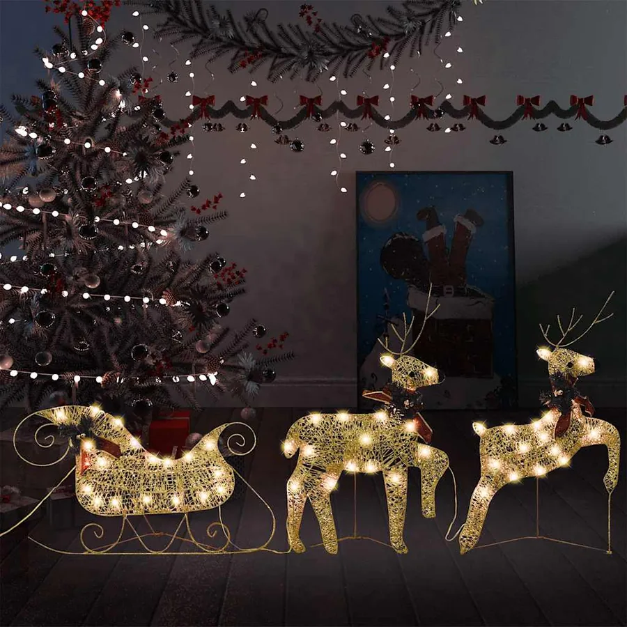 Décoration de Noël Rennes avec traîneau 60 LED Extérieur Doré