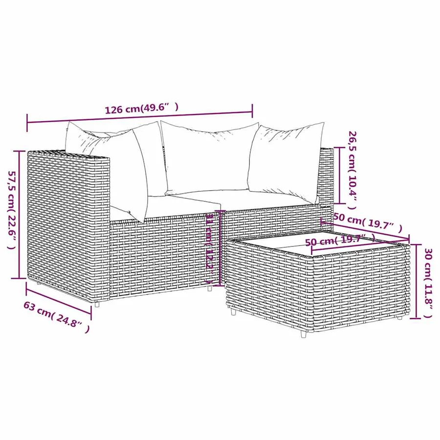Salon de jardin 3 pcs avec coussins Noir Résine tressée - 11