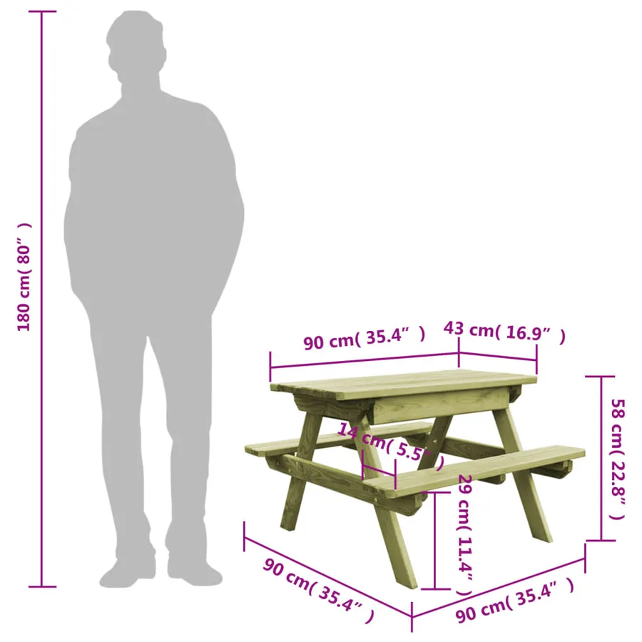 Table de pique-nique pour enfants avec bancs Pinède imprégnée - 7