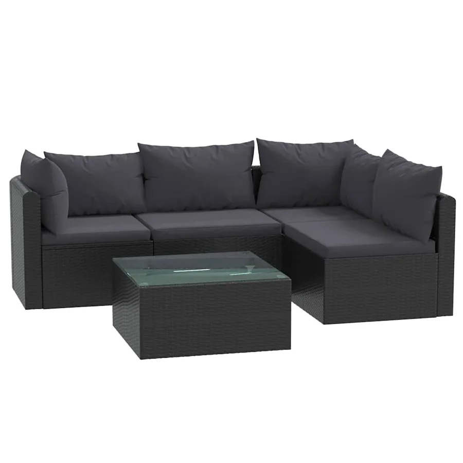 Salon de jardin 5 pcs avec coussins Résine tressée Noir - 2