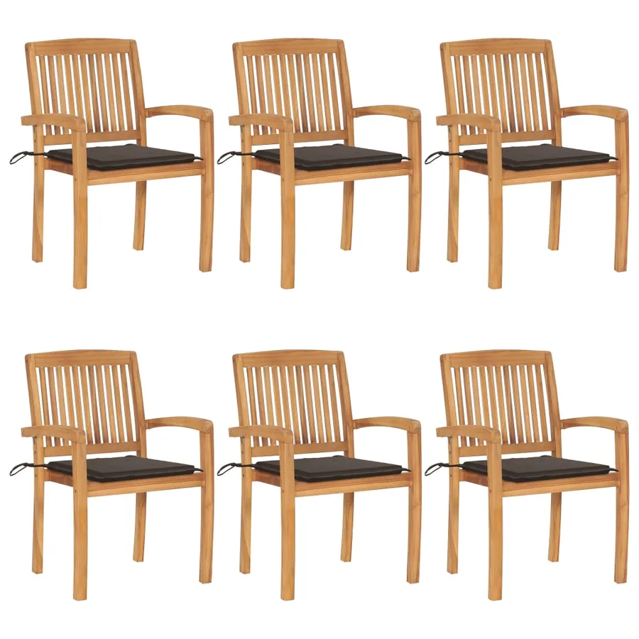 Chaises de jardin empilables avec coussins lot de 6 Teck solide - 27