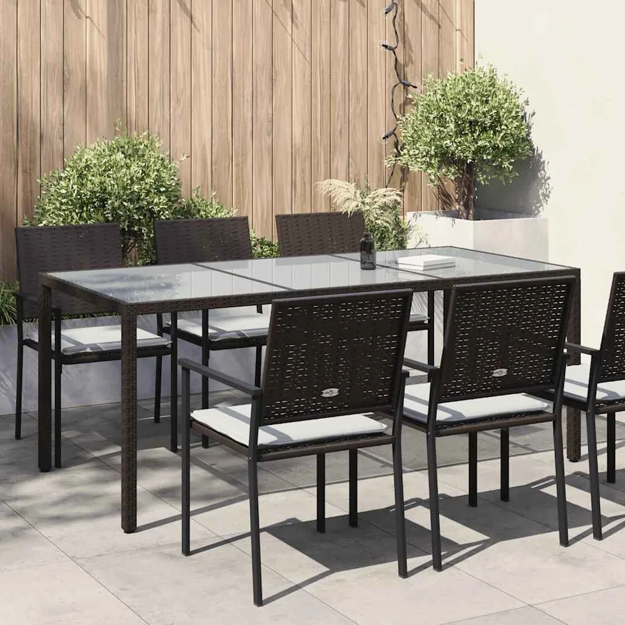 Table de jardin Marron 190x90x75 cm Verre trempé/résine tressée
