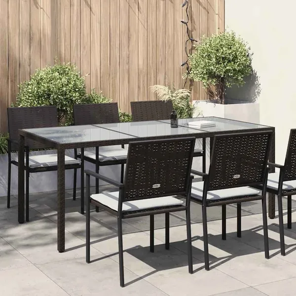 Table de jardin Marron 190x90x75 cm Verre trempé/résine tressée