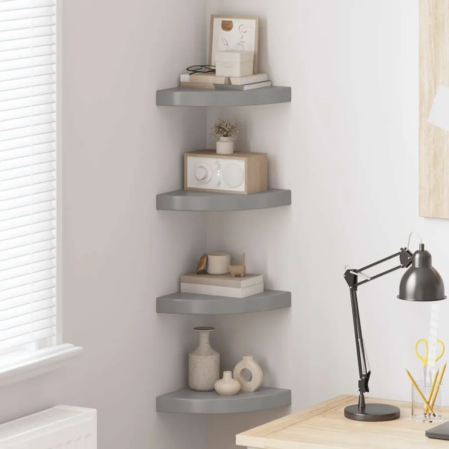 Étagères d'angle flottantes 4 pcs gris brillant 25x25x3,8cm MDF