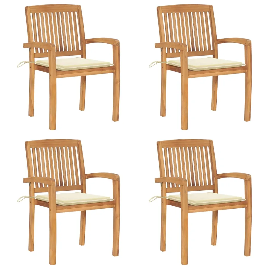 Chaises de jardin empilables avec coussins lot de 4 Teck solide