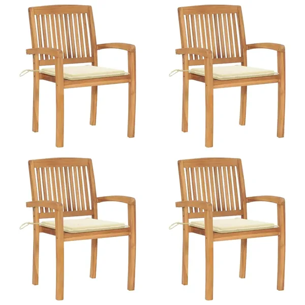 Chaises de jardin empilables avec coussins lot de 4 Teck solide