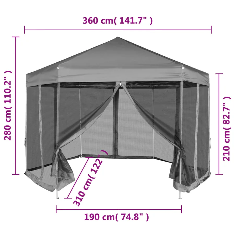Chapiteau hexagonal avec 6 parois latérales Gris 3,6x3,1 m - 12