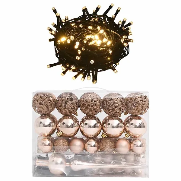 Set de boules de Noël avec pic et 150 LED 60 pcs Doré rose
